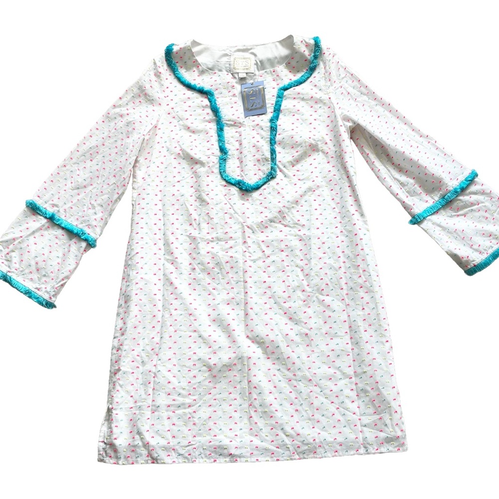 SAIL TO SABLE STS NWT NEON SWISS DOT SHIFT DRESS W/ FRINGE DETAILS VACATION - Picture 7 of 7